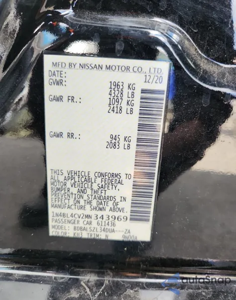 2021 Nissan Altima Sr from USA, damaged, VIN 1N4BL4CV2MN343969